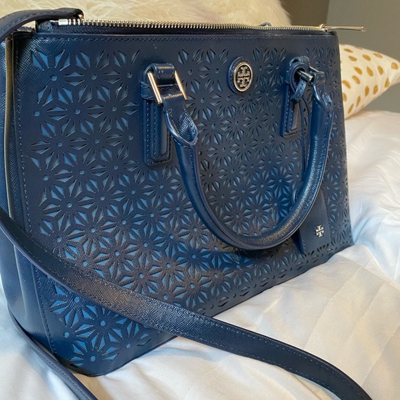 Tory Burch- Dark blue floral leather Robinson tote - Picture 3 of 6